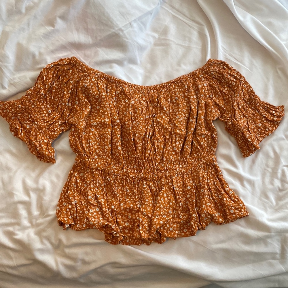 American Eagle; crop top, off the shoulder, burnt orange with blue/white flowers
